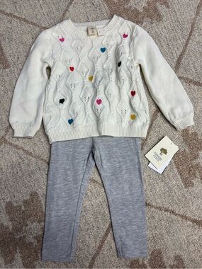 Cream Knit Multicolor Heart Sweater with Gray Leggings 12M
